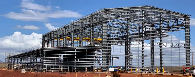 Large structural steel frame for an industrial building in the Pilbara, erected by Perna Group